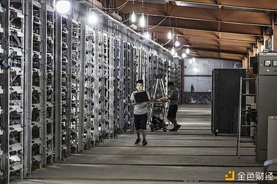 A large-scale mining farm with rows of mining rigs